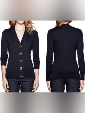 NWT Tory Burch Simone Cardigan Black Gold Logo Buttons Wool Silk Blend M